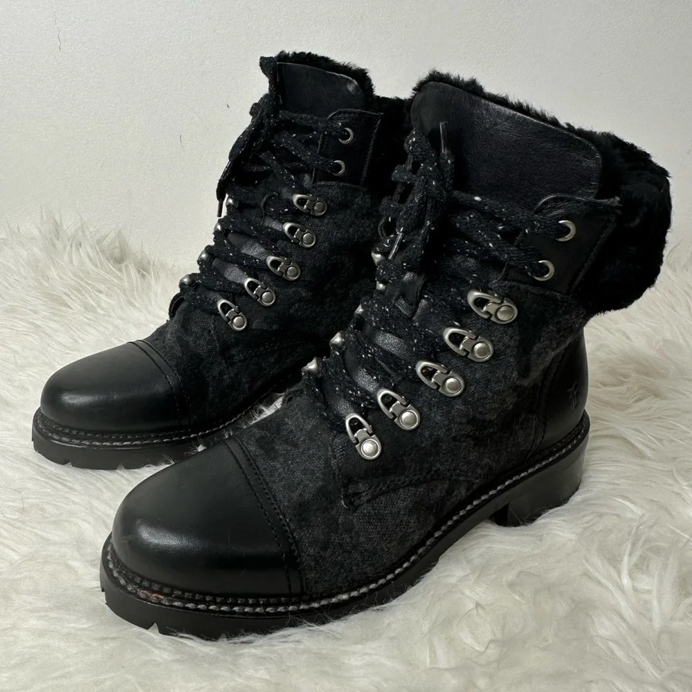 Frye Women’s Samantha Black Leather Canvas Shearling Combat Hiking Boots Size 8 - Picture 2 of 15